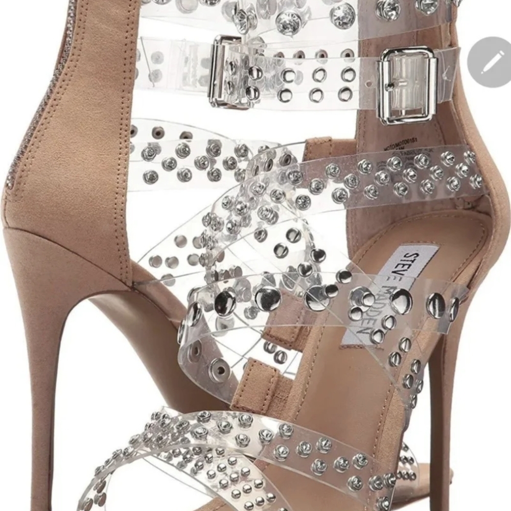 Steve Madden Moto Clear Nude and Silver Studded Heels Sz 8.5